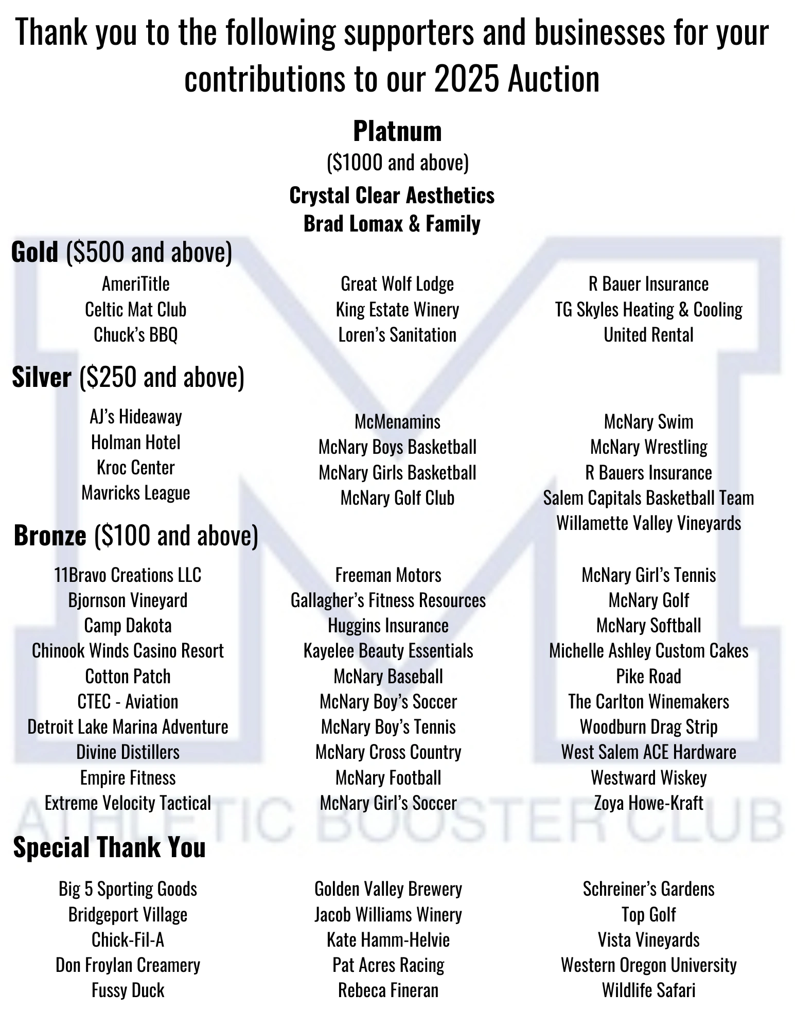 2025 2025 McNary ABC Auction Sponsors, Supporters, and Businesses